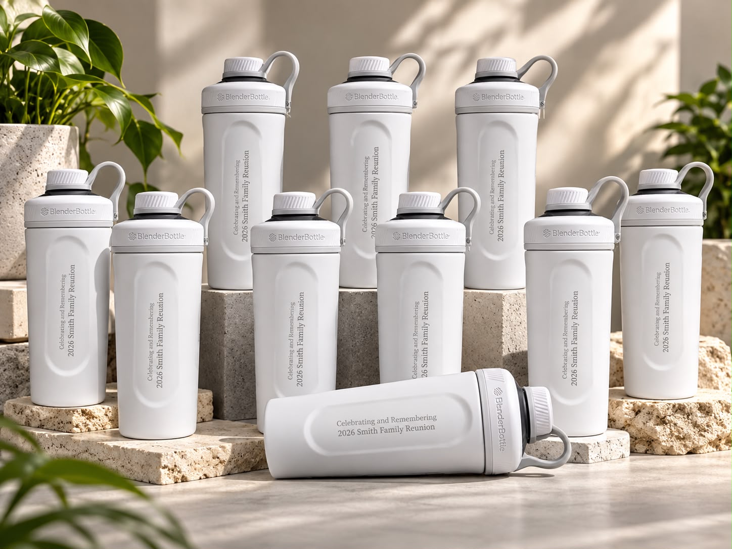Group of white bottles engraved for a family reunion
