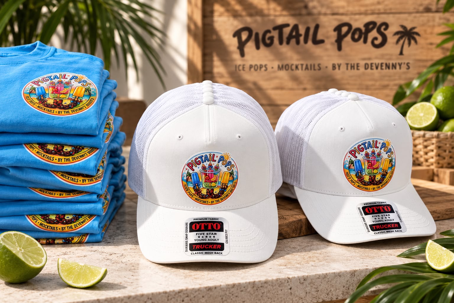 Coordinated branded shirts and trucker hats for an event
